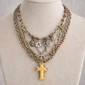 Lucky Brand Layered Cross Charm Necklace | 19” Chain | Boho Statement